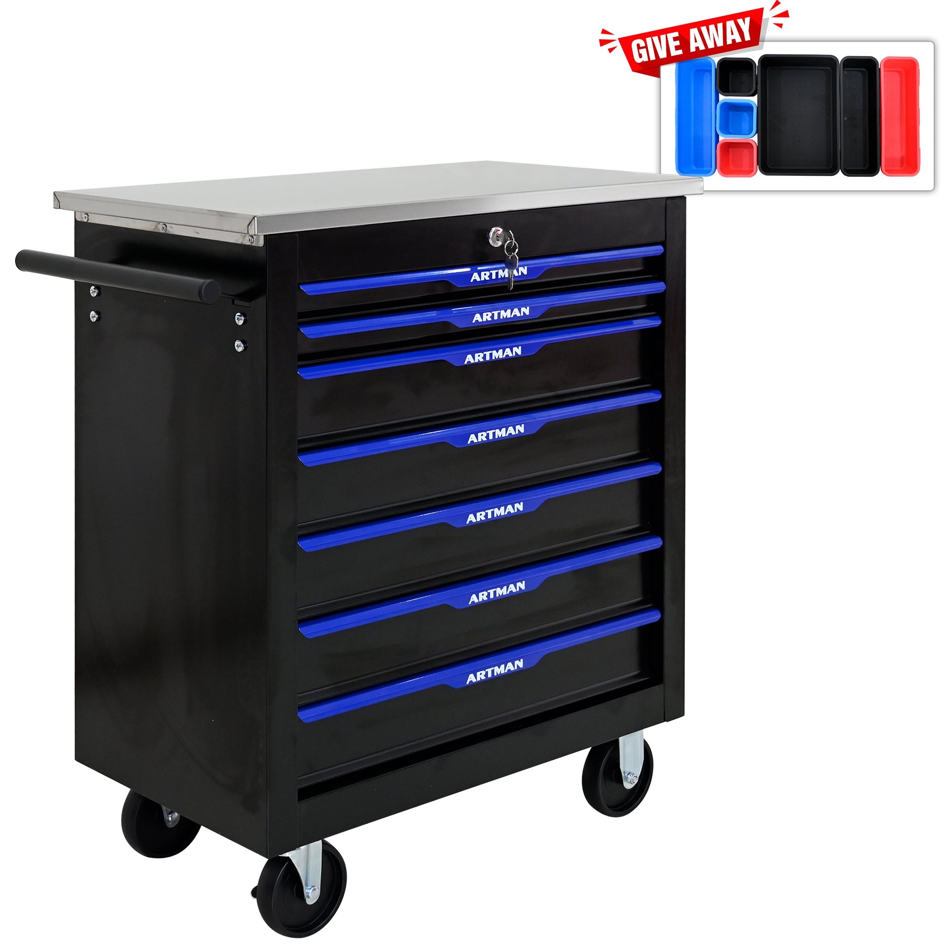 7 DRAWERS MULTIFUNCTIONAL TOOL CART WITH WHEELS-BLACK+BLUE - Korvel
