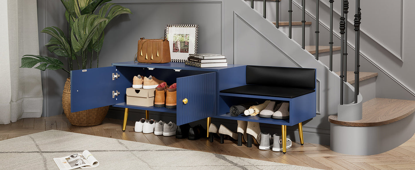 Modern Navy Shoe Storage Bench with Hidden Storage & Cushions