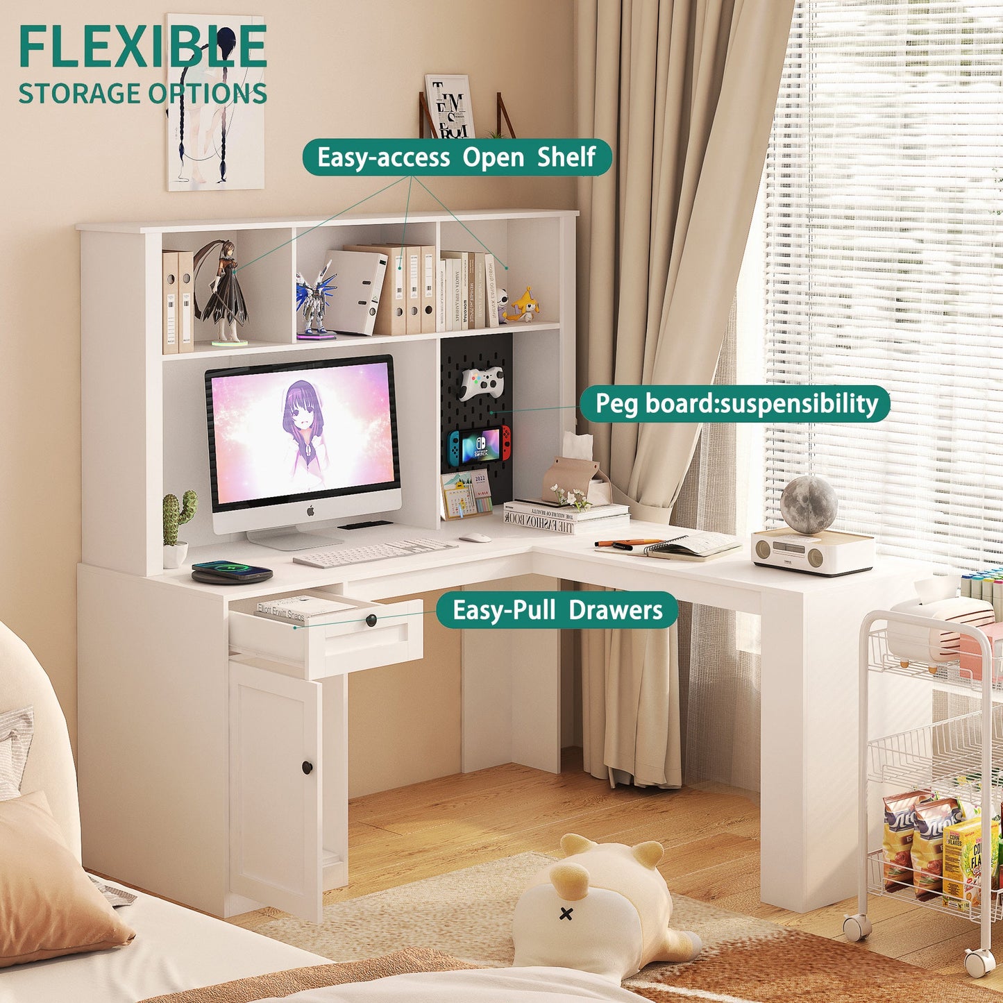 Corner gaming computer desk with socket, drawers, bookshelf and writing desk, modern L-shaped learning desk with storage space - Korvel