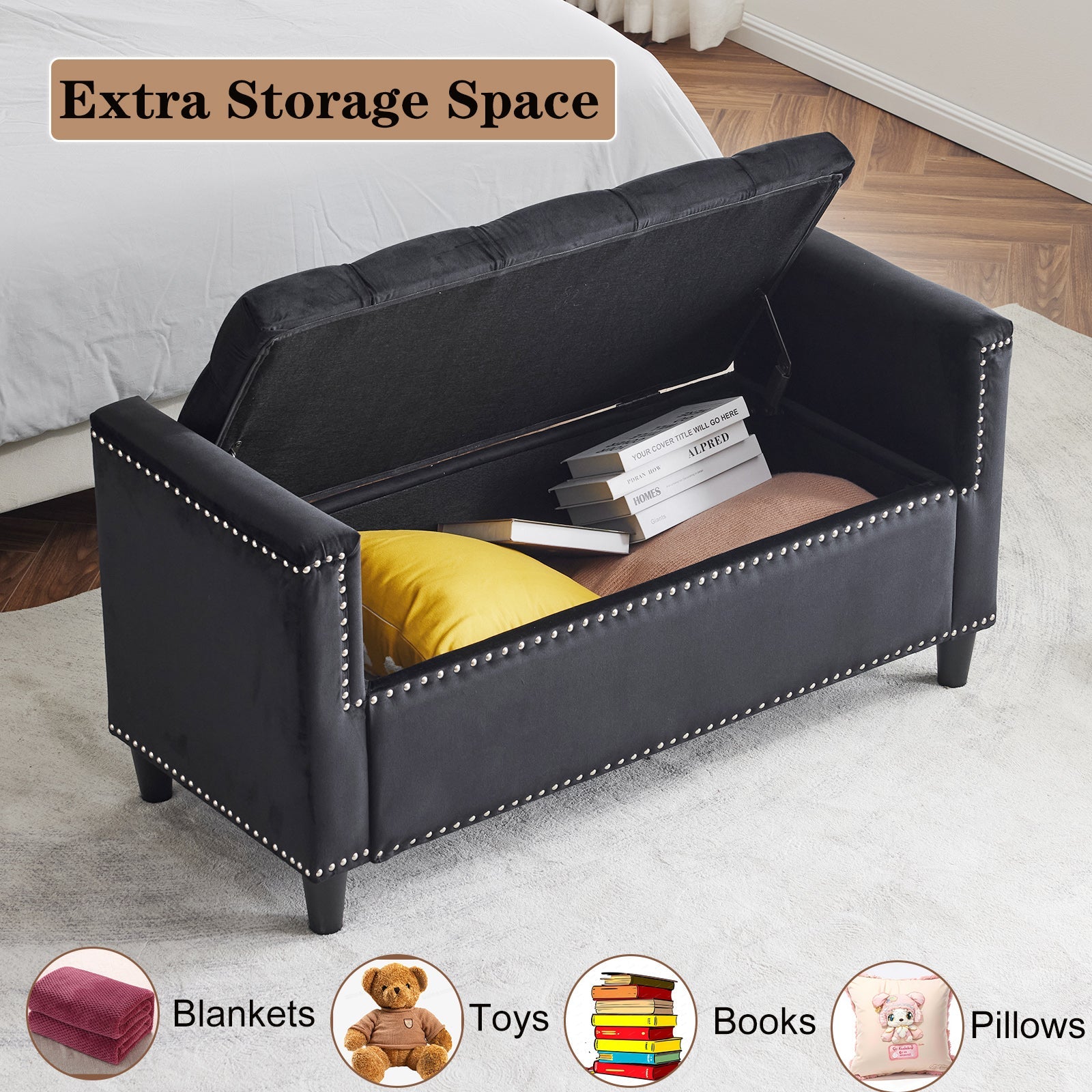 Storage Bench, 44.5-Inch Queen Velvet Button Bedside Bench, Entryway Living Room with Armrests, Nailhead Trim  Black - Korvel