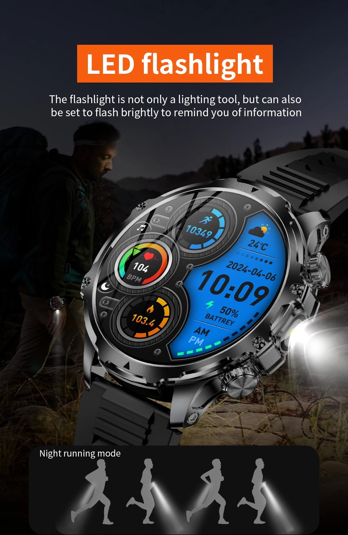AK75 Smart Watch Flashlight  Men Outdoors Sports Fitness Tracker 700mah Large Battery BT Calling LED Light Smartwatch - Korvel