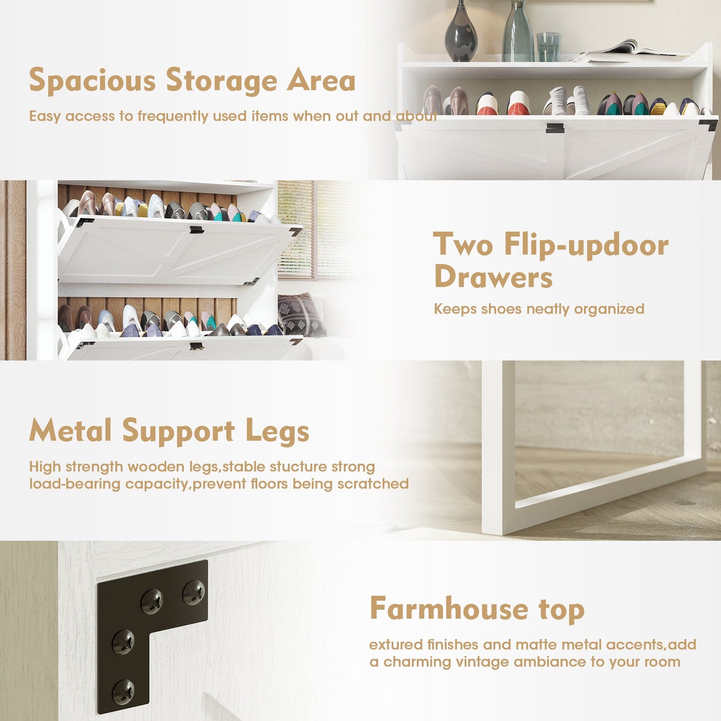 Elegant White Shoe Cabinet with 2 Flip Drawers