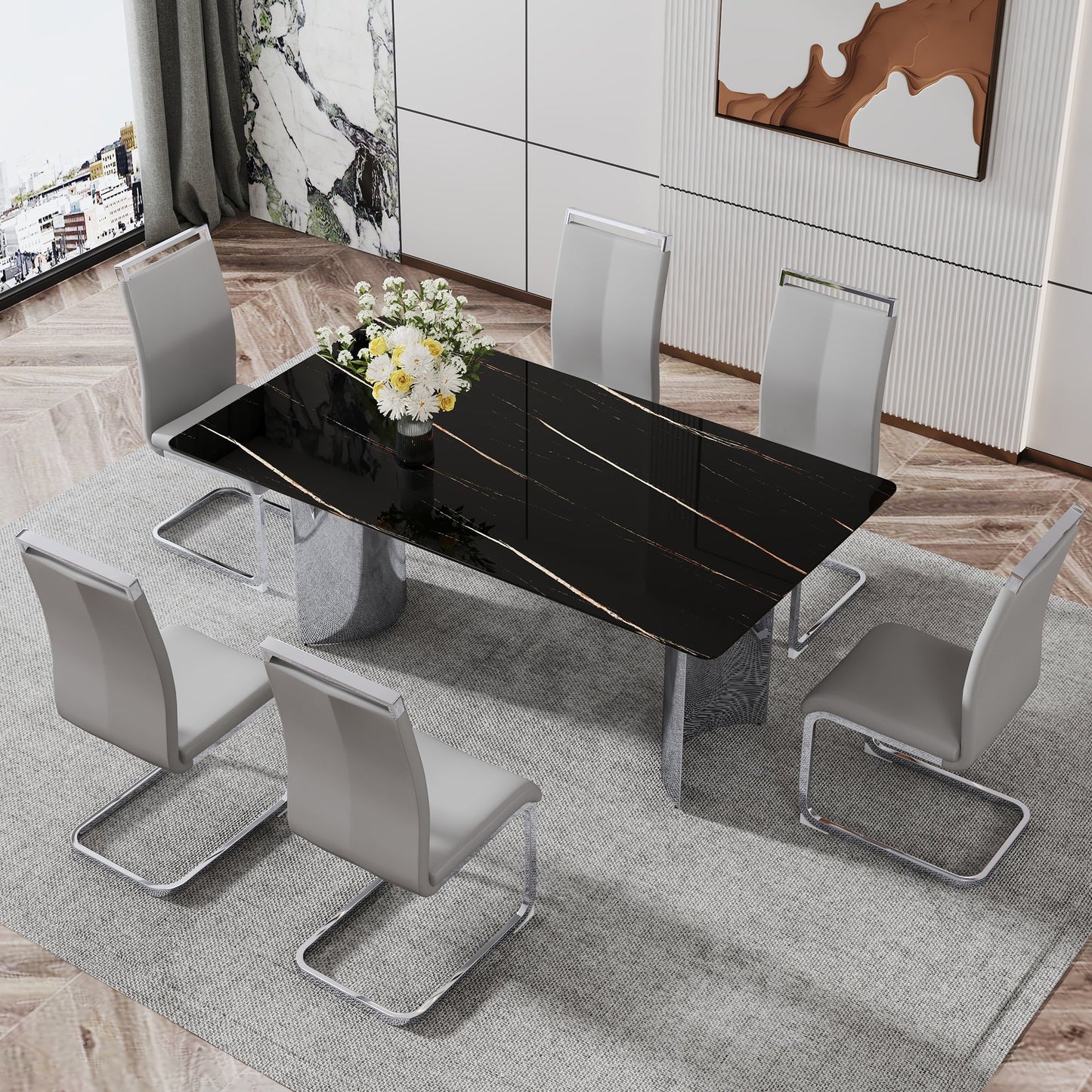 Modern minimalist dining table The black imitation marble glass desktop is equipped with silver metal legs - Korvel