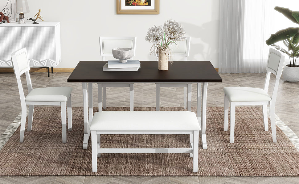 TOPMAX Farmhouse 6-Piece Trestle Dining Table Set with Upholstered Dining Chairs and Bench  59inch, White - Korvel