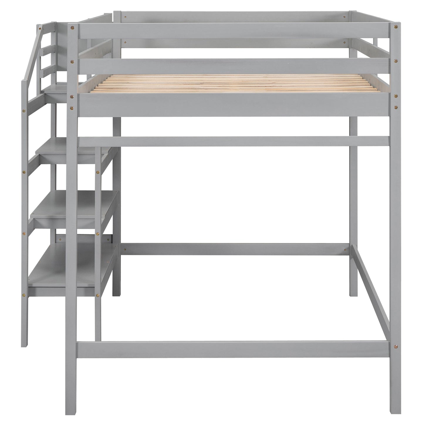 Full Size Loft Bed with Built-in Storage Staircase and Hanger for Clothes, Gray - Korvel