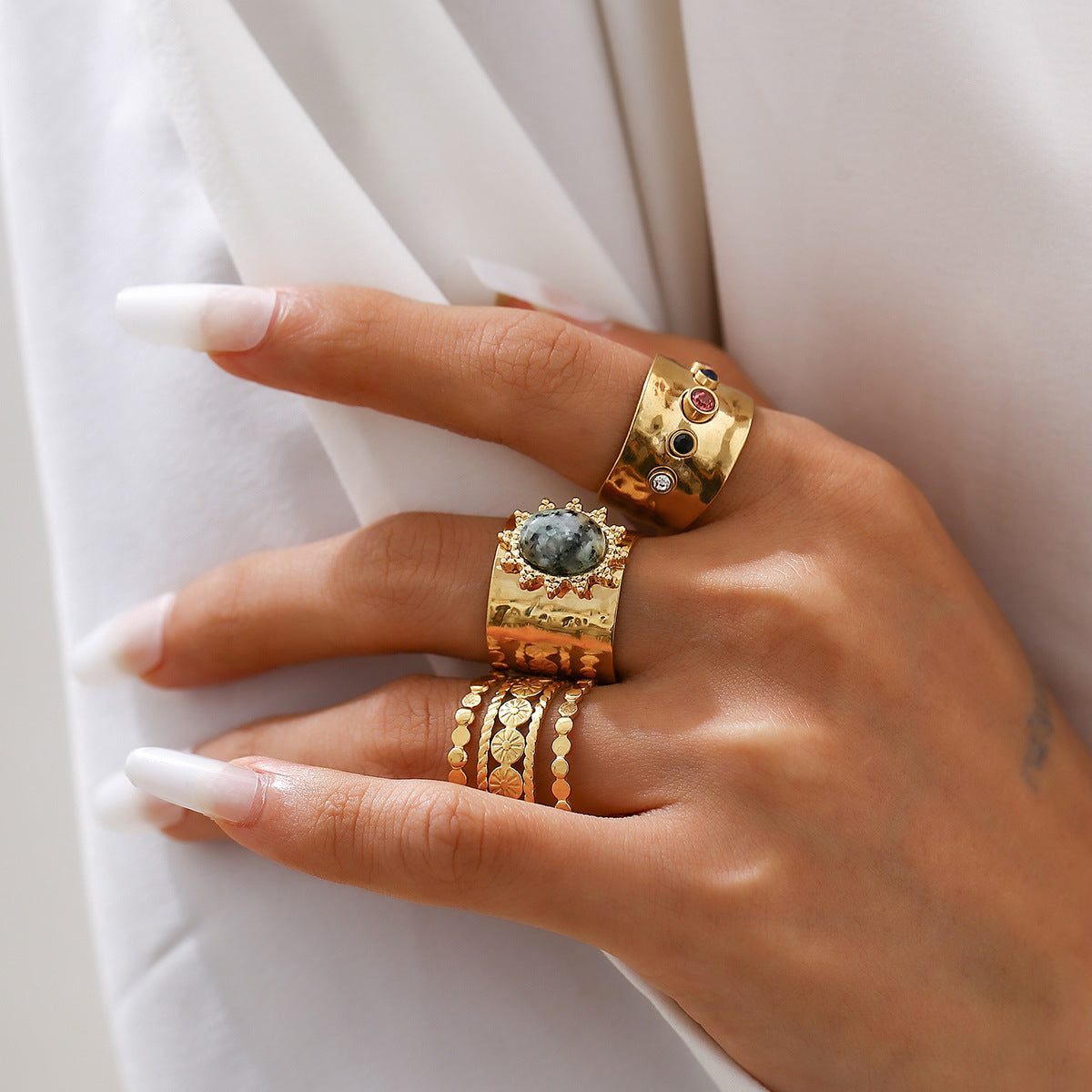 Fashionable Joint Ring Set Hip Hop Metallic Fold Set with Gemstone Rings - Korvel