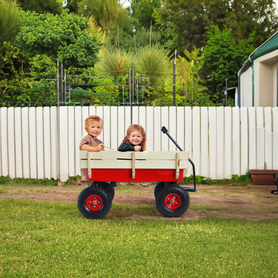 Outdoor Wagon All Terrain Pulling w/Wood Railing Air Tires Children Kid Garden（Red） - Korvel