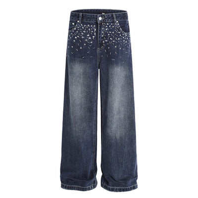Floral Embroidered Wide-Leg Denim Pants for Men