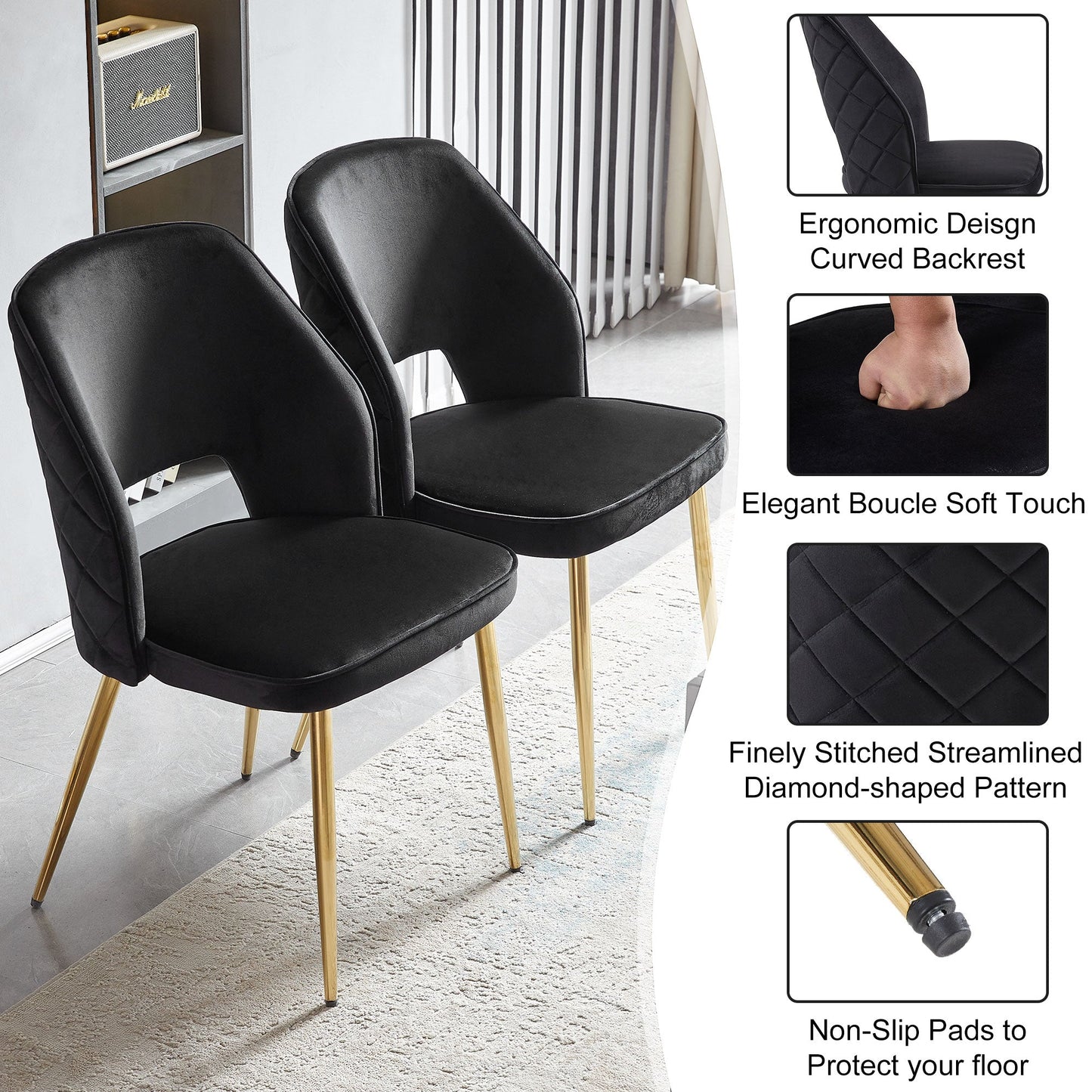 Ensemble de 4 chaises de salle à manger en velours noir élégant