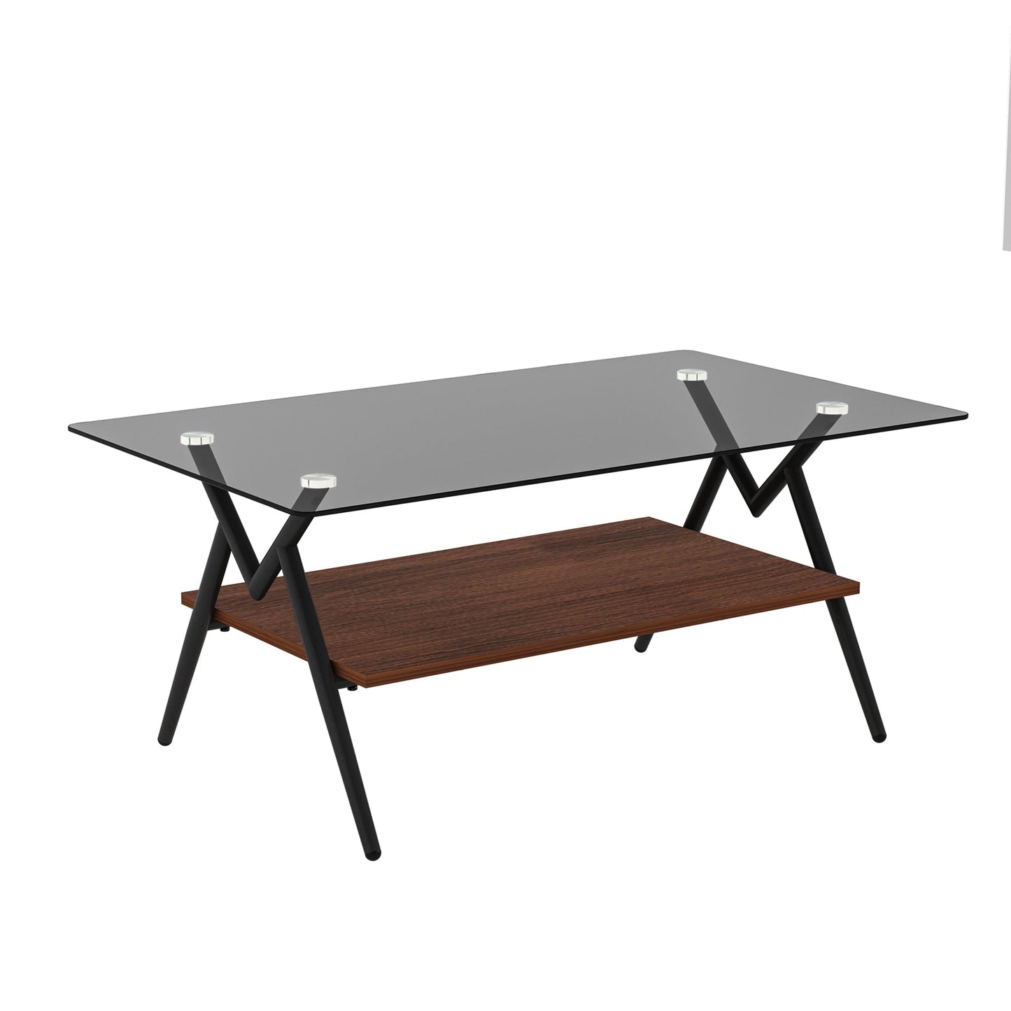 Rectangle Coffee Table with Tempered Glass top and Brown MDF Shelf, Modern Table for Living Room, Gray Glass - Korvel