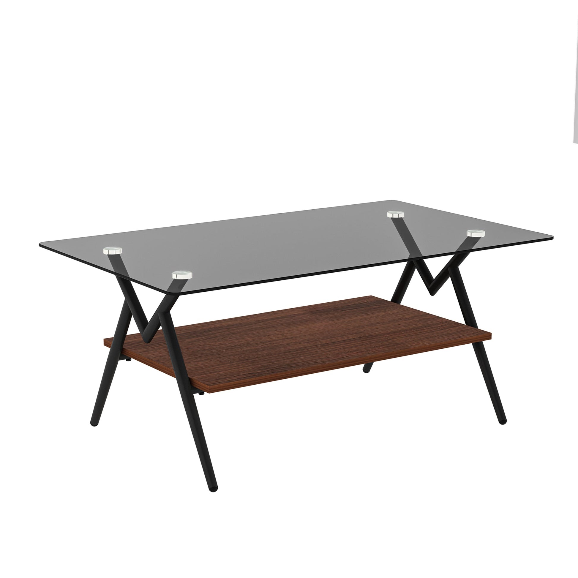 Rectangle Coffee Table with Tempered Glass top and Brown MDF Shelf, Modern Table for Living Room, Gray Glass - Korvel
