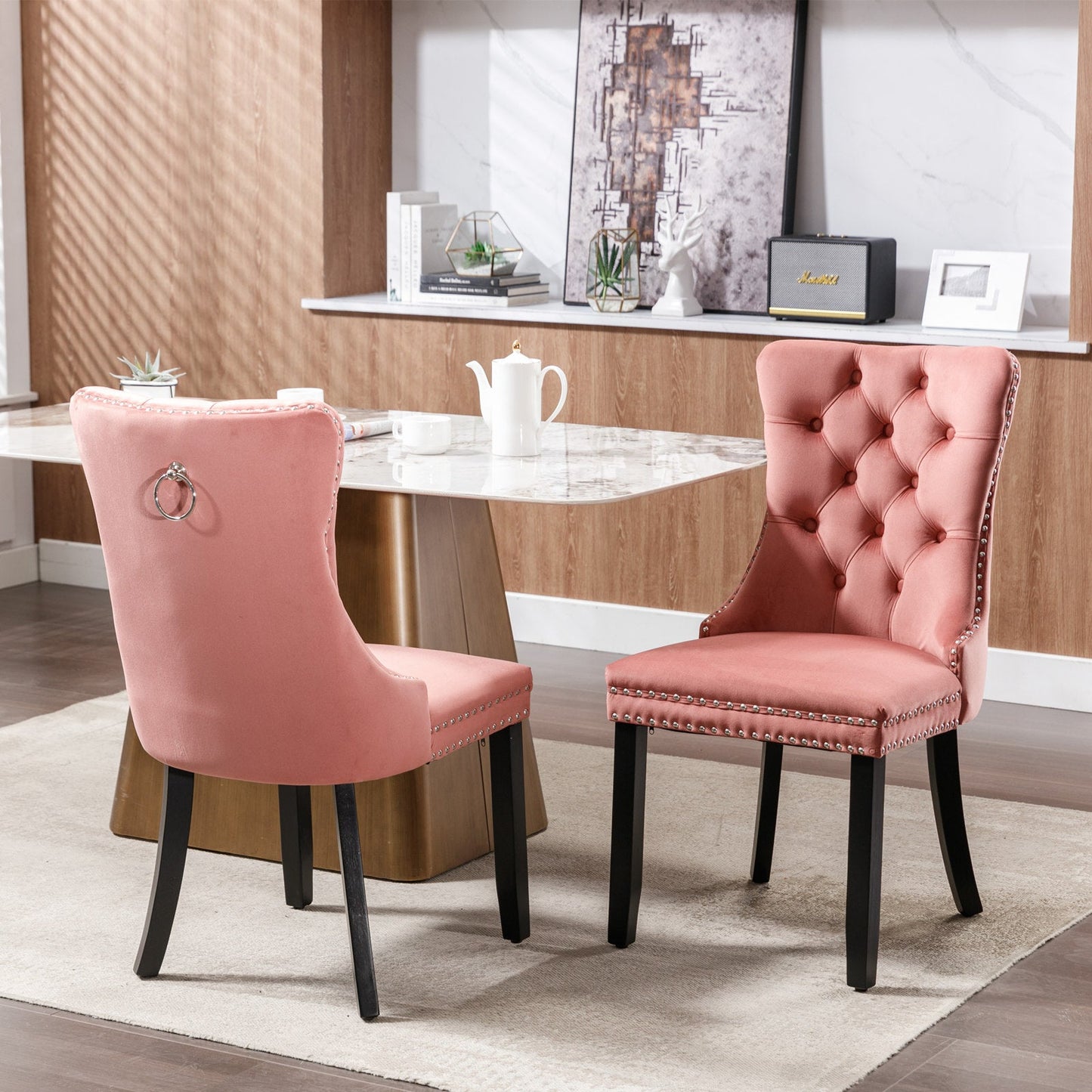 High-end Tufted Solid Wood Contemporary Velvet Upholstered Dining Chair with Wood Legs Nailhead Trim 2-Pcs Set Pink - Korvel