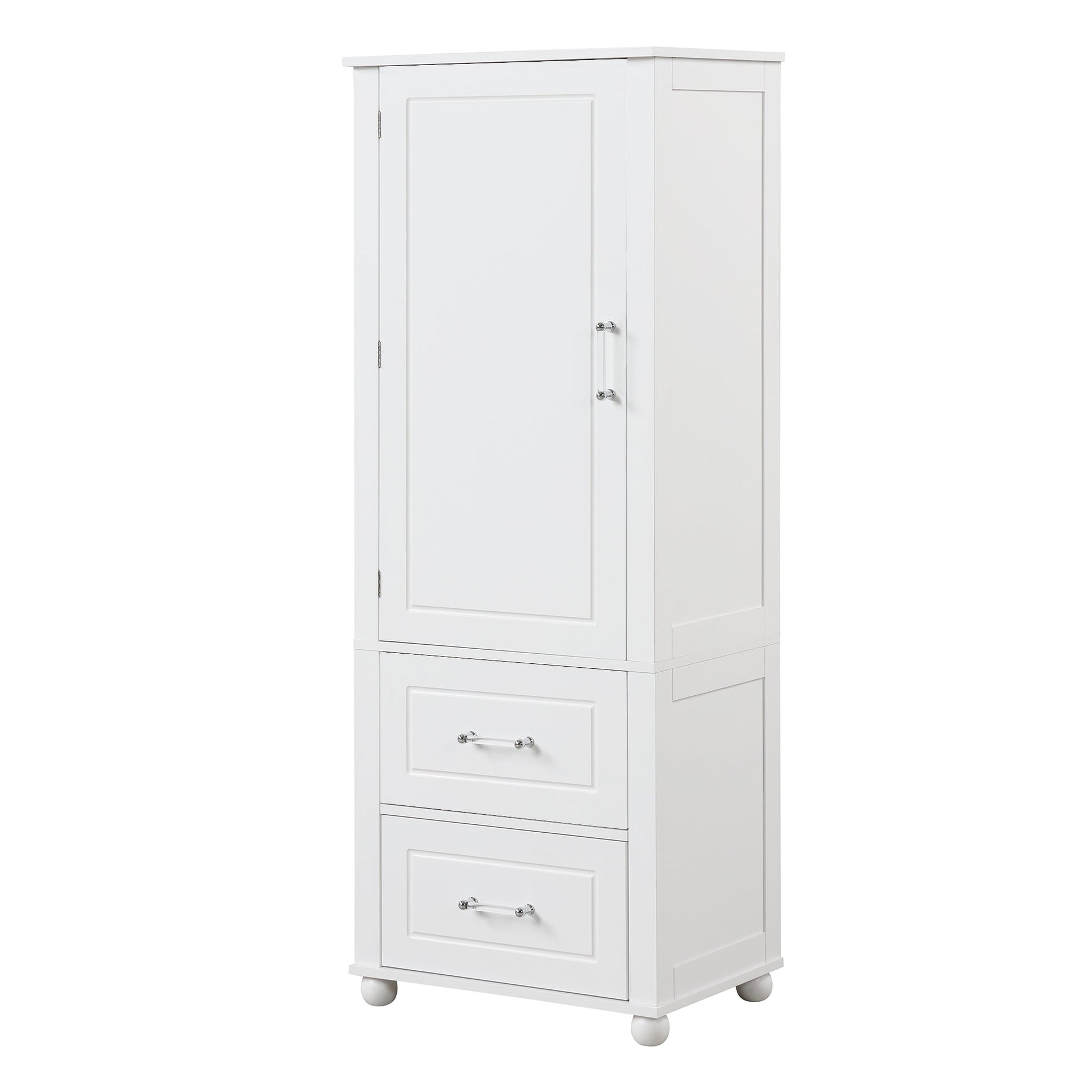 Tall bathroom storage cabinet with two drawers and adjustable shelves for independent storage - Korvel