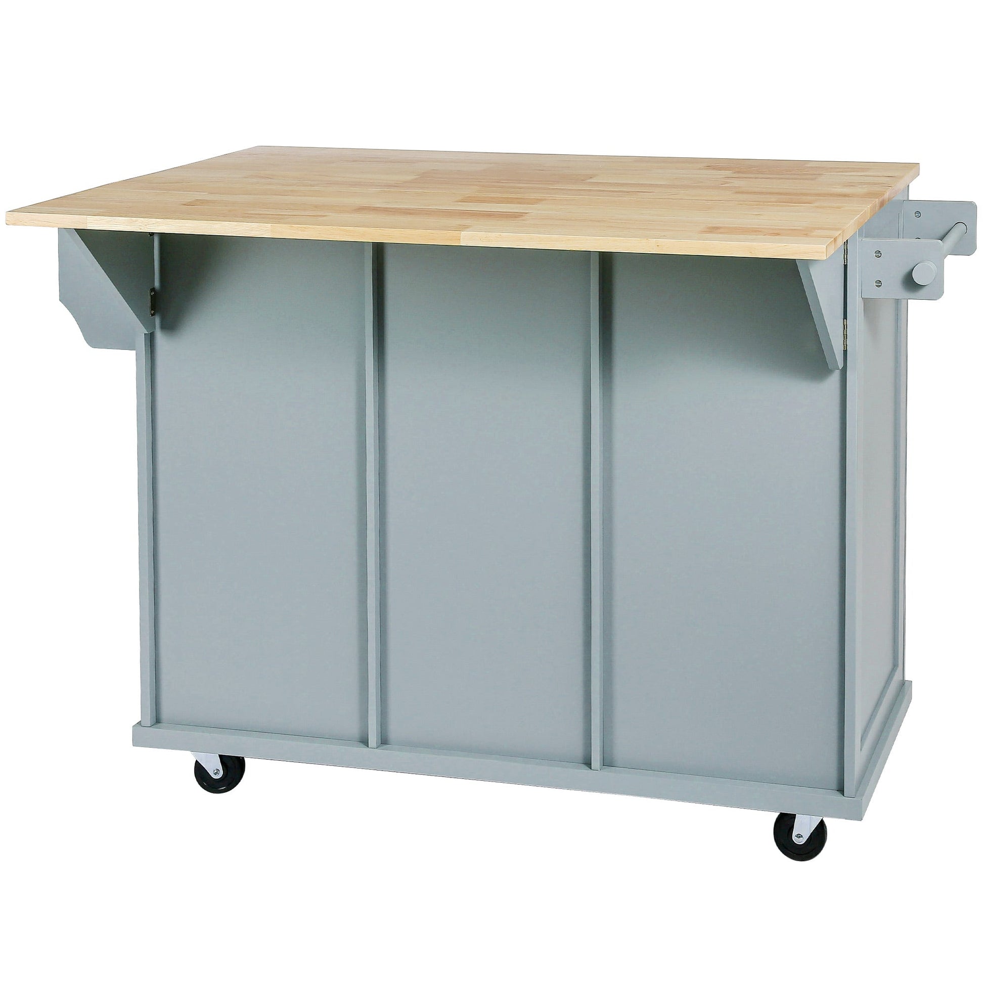 Kitchen handcart with rubber wood leaf countertop, storage cabinet, shelf, and 3 dining room drawers, gray blue - Korvel