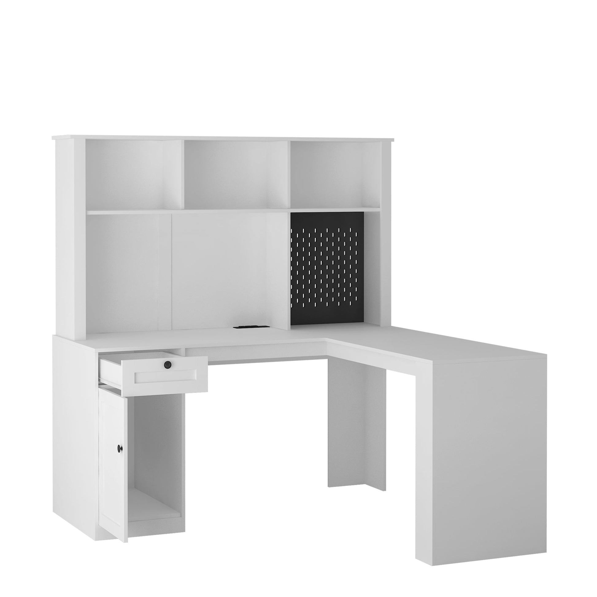 Corner gaming computer desk with socket, drawers, bookshelf and writing desk, modern L-shaped learning desk with storage space - Korvel