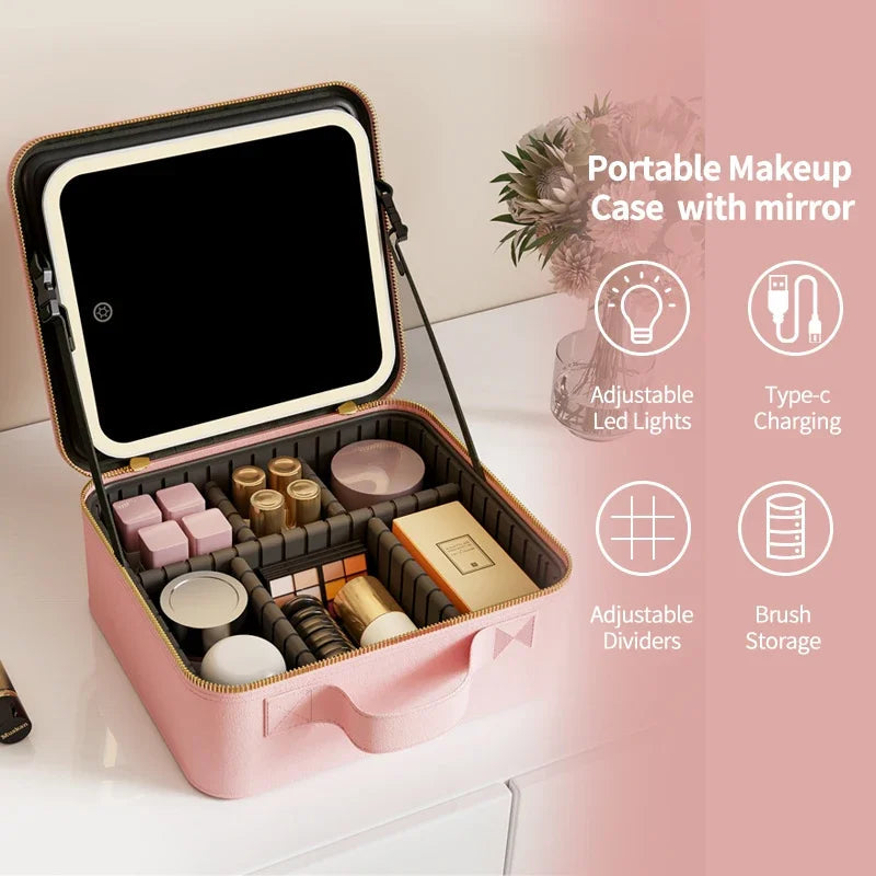Light Up Box Vanity Organizer Portable Makeup Bag Mirror With Led Light - Korvel