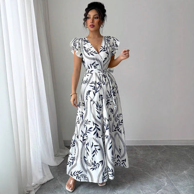 Spring Summer New Printed Ruffled V-Neck Sexy Fitted Slimming Long Dress Gown - Korvel