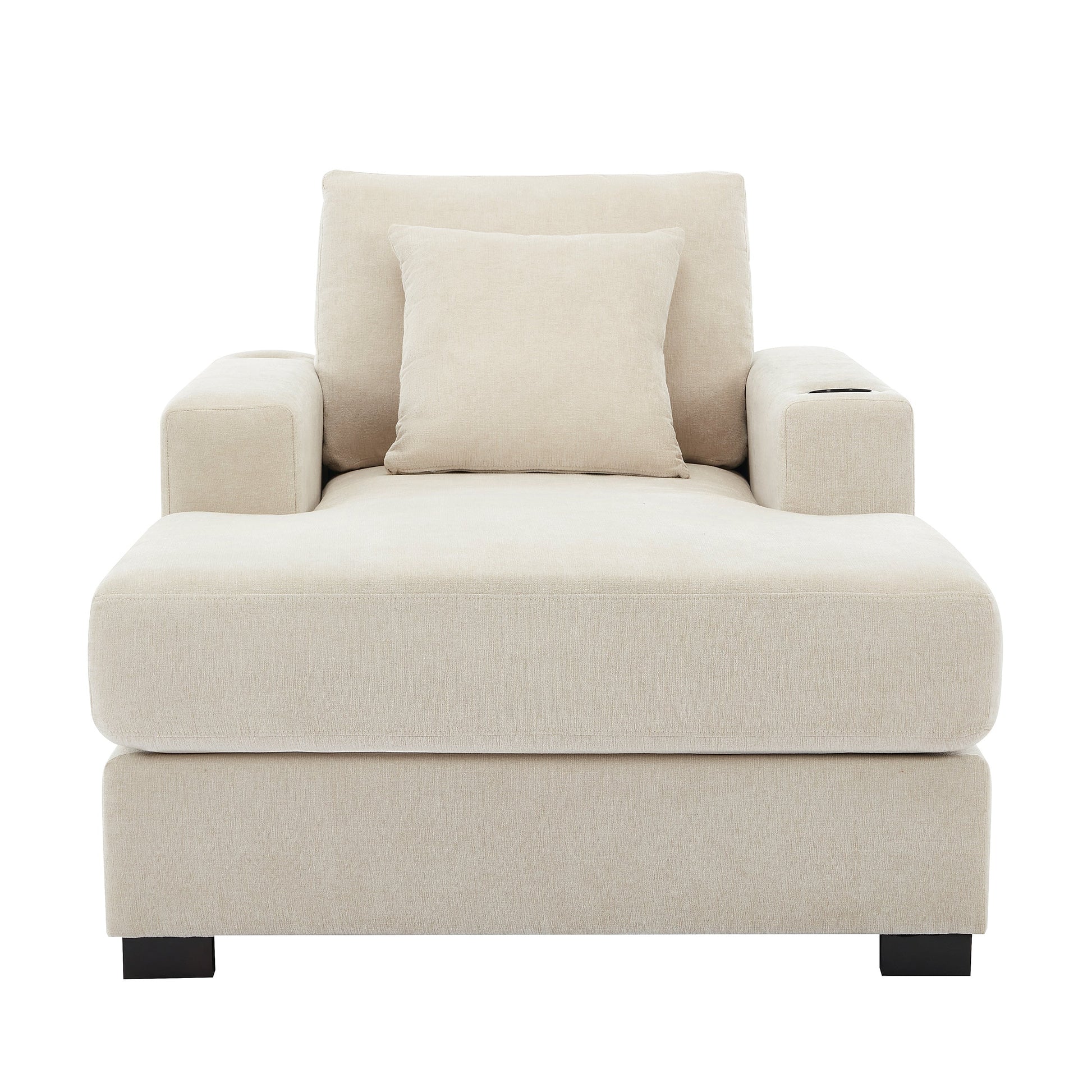 39.7" Oversized Chaise Lounger Modern Style Sofa Couch ,with Pillows, Charge Station & Cup Holders, Chenille Fabric, Cream - Korvel