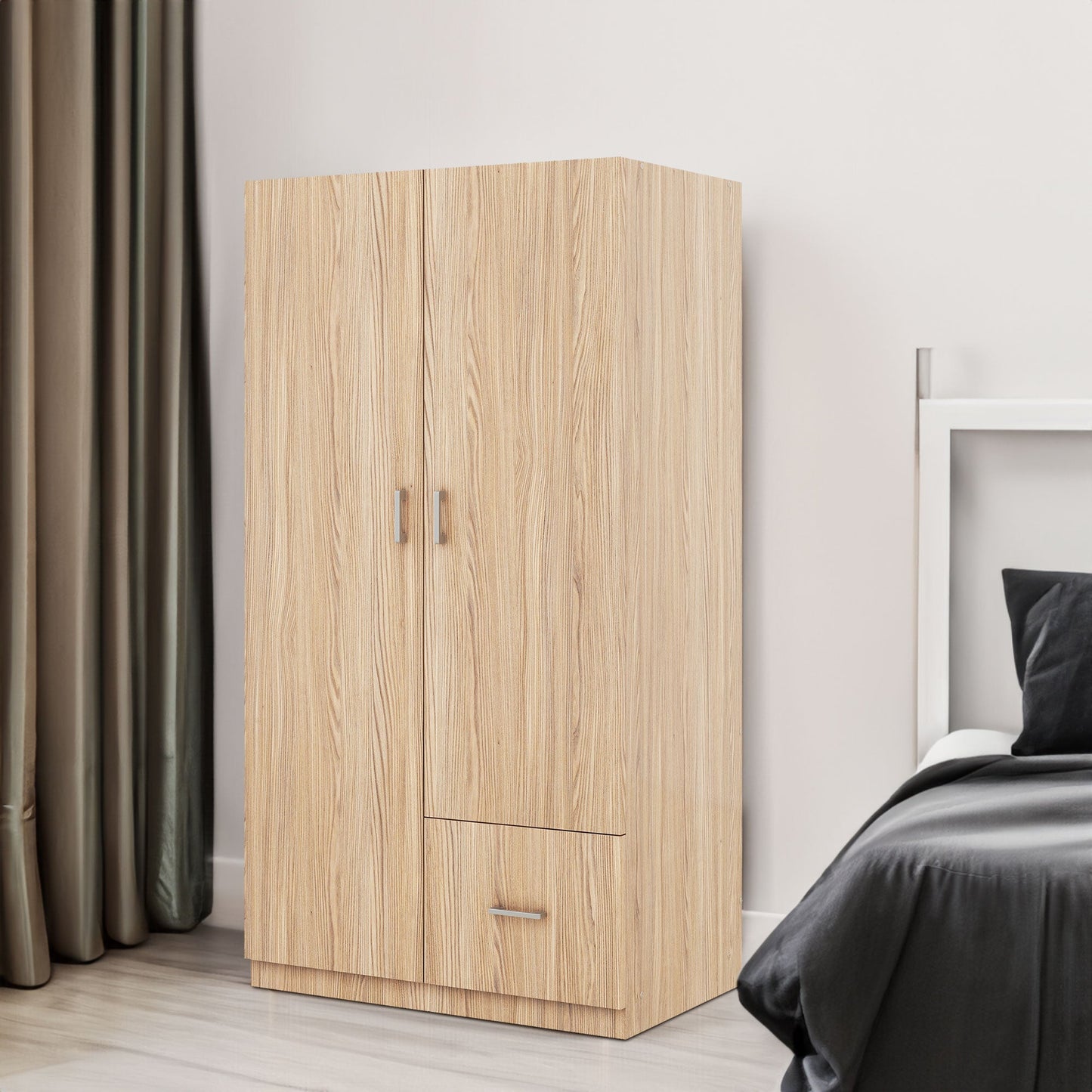 Wooden Wardrobe with Double Doors, Armoire with Hanging Rod, 5 Fixed Shelves, One Storage Drawer,Natural - Korvel