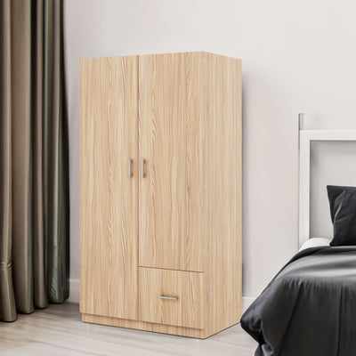 Wooden Wardrobe with Double Doors, Armoire with Hanging Rod, 5 Fixed Shelves, One Storage Drawer,Natural - Korvel