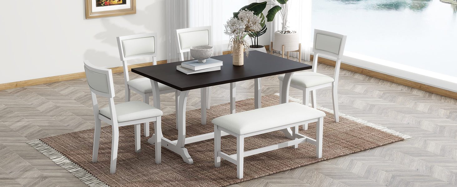 TOPMAX Farmhouse 6-Piece Trestle Dining Table Set with Upholstered Dining Chairs and Bench  59inch, White - Korvel