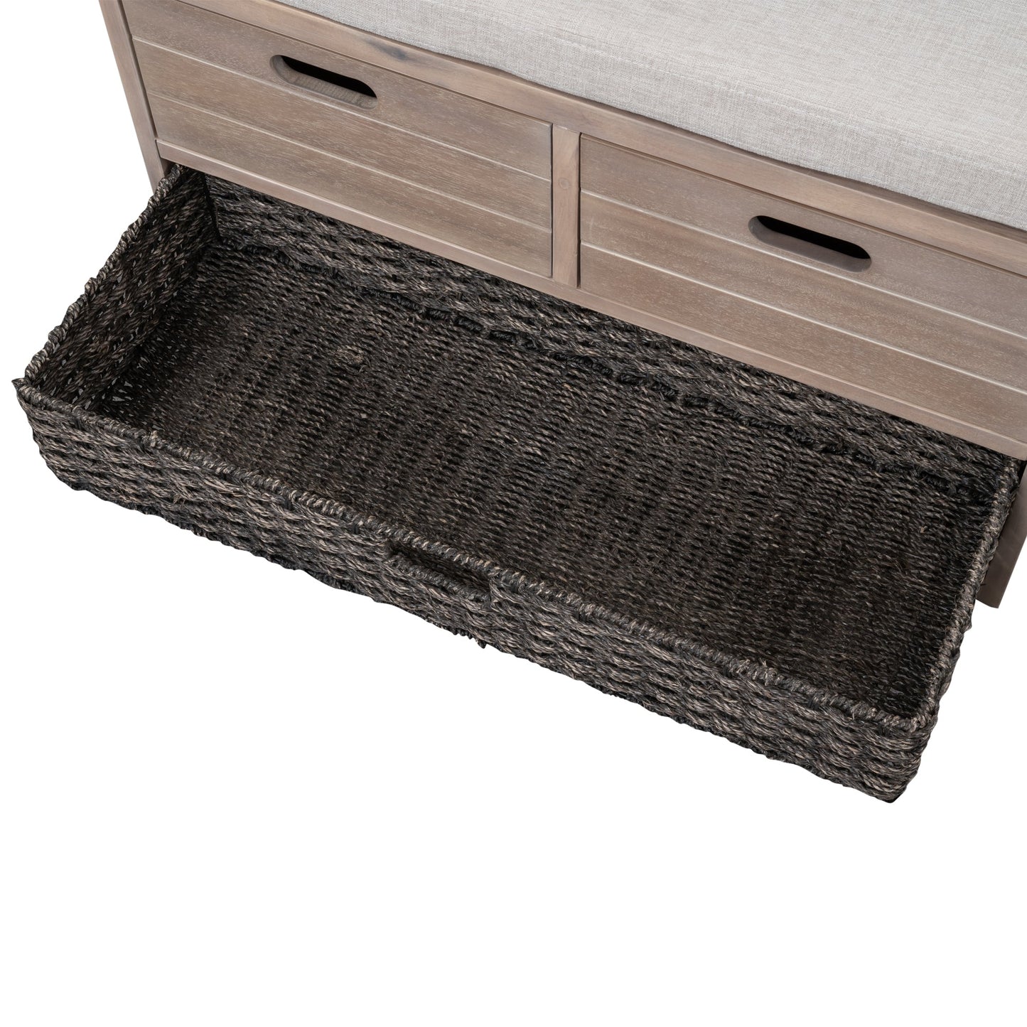 TREXM Storage Bench with Removable Basket and 2 Drawers, Fully Assembled Shoe Bench with Removable Cushion (White Washed) - Korvel