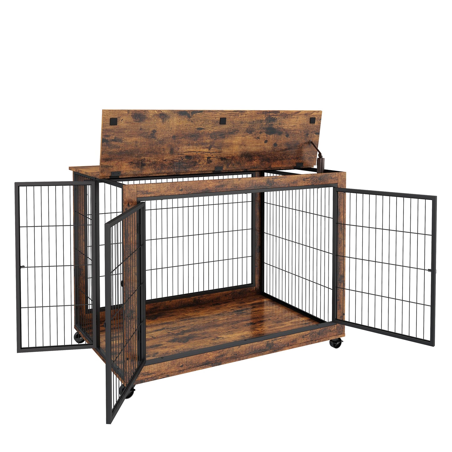 Rustic Brown Furniture Style Dog Crate Side Table on Wheels