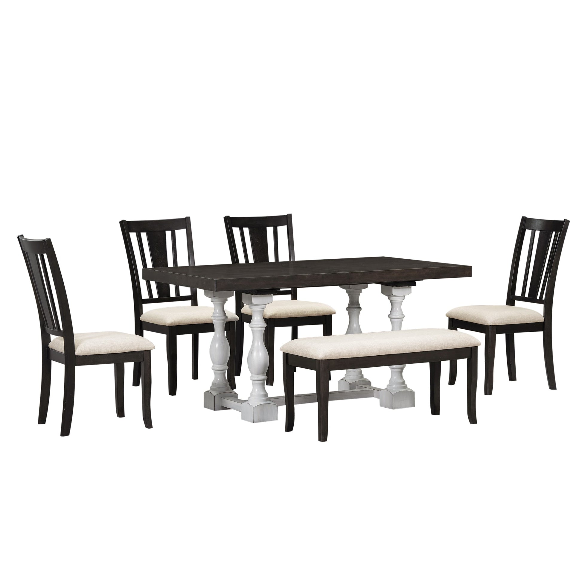 Traditional 6-Piece 78inch Trestle Extendable Dining Table Set with One 18inch Removable Leaf Distressed White - Korvel