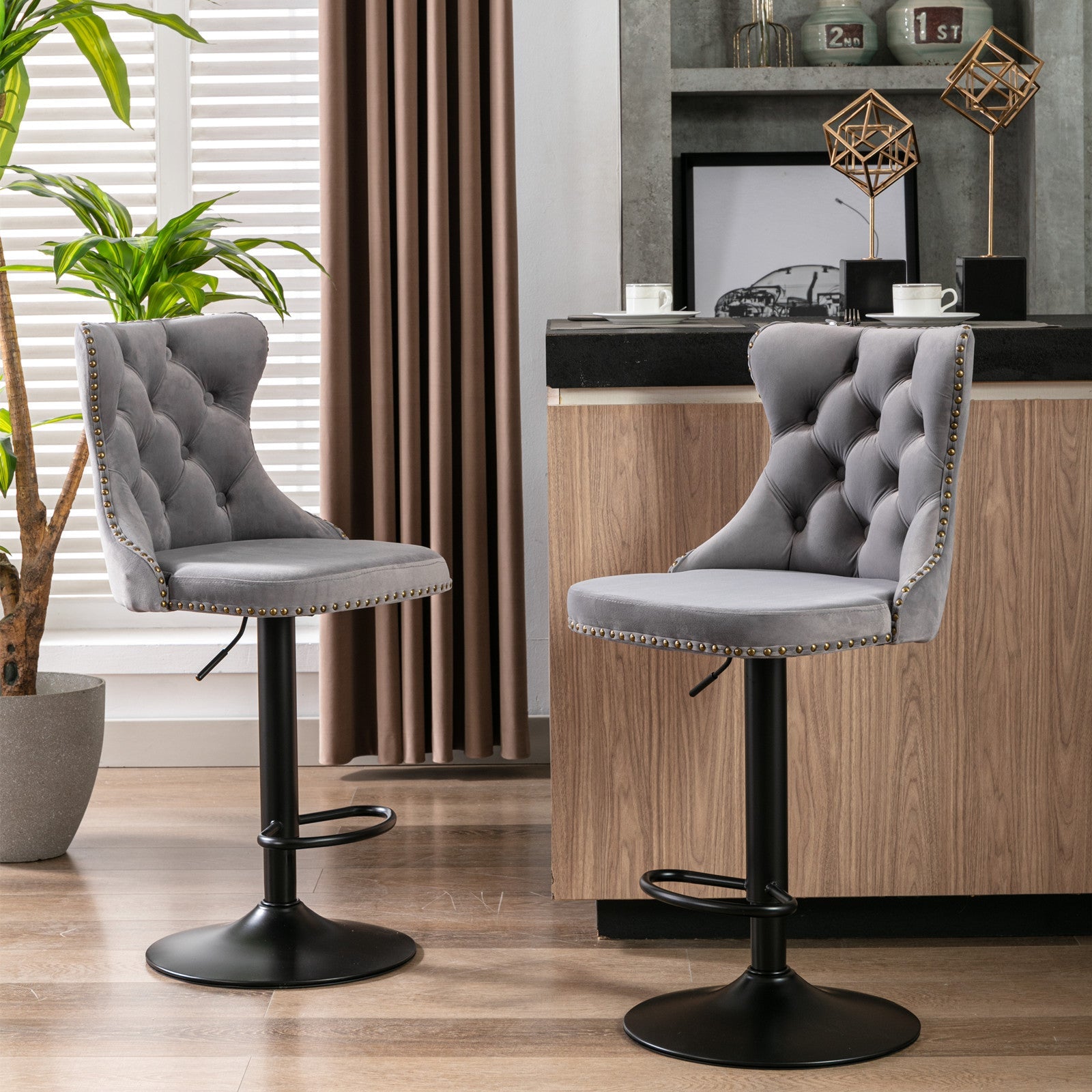 Gray,Set of 2 25-33 Inch,17.7 inch base, Modern Upholstered Bar Stools with Backs Comfortable Tufted for Home Pub and Kitchen - Korvel