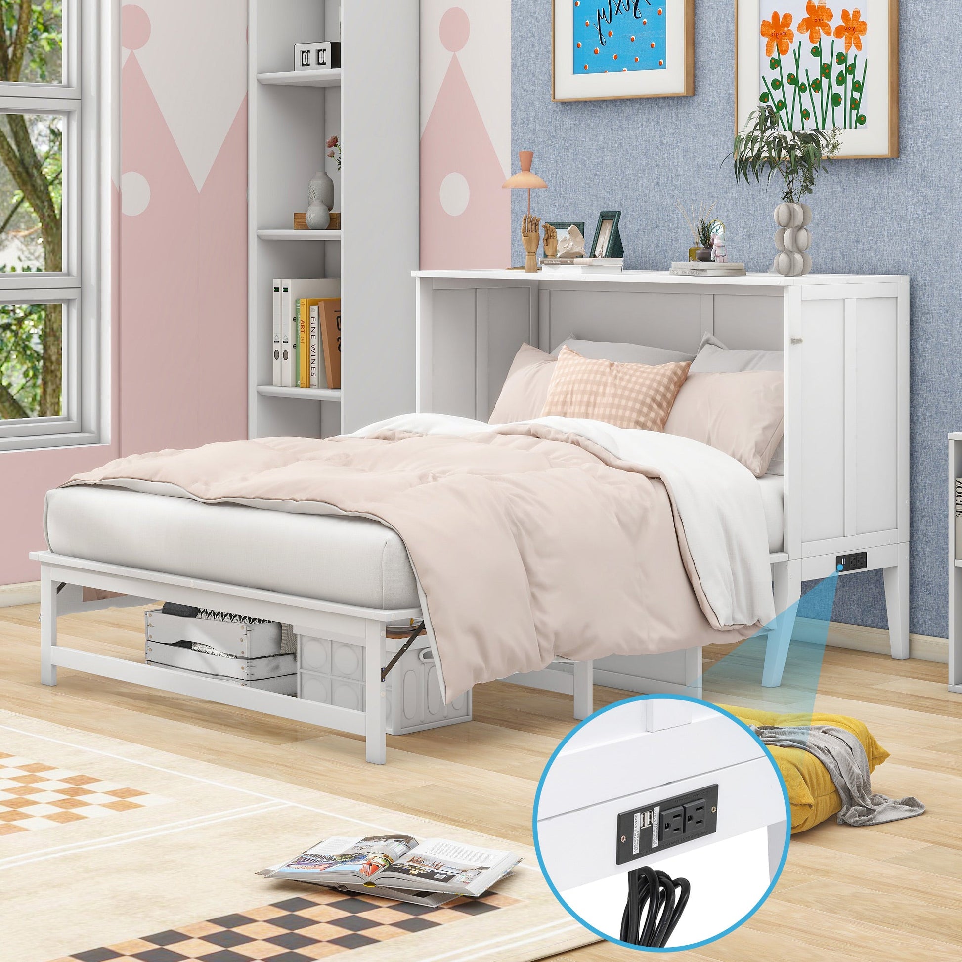 Queen Size Murphy Bed with Built-In Charging Station and a Shelf  White - Korvel