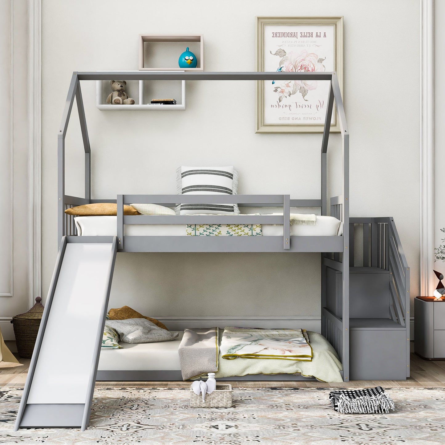 Lit superposé maison jumeau sur jumeau avec toboggan et escalier de rangement - Gris