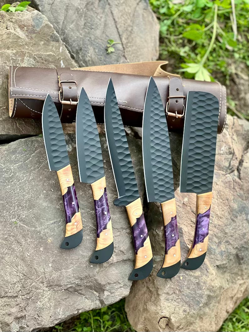 Premium 13" Chef Knife Block Set – Handcrafted Stainless Steel with Olivewood & Epoxy Handle - Korvel