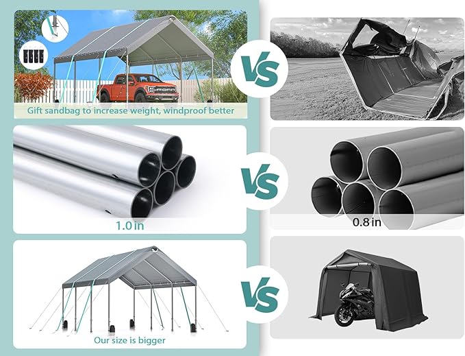 Sannwsg 10 * 20 ultra large portable carport garage, adjustable from 9.5 feet to 11 feet, with detachable roof and side walls - Korvel
