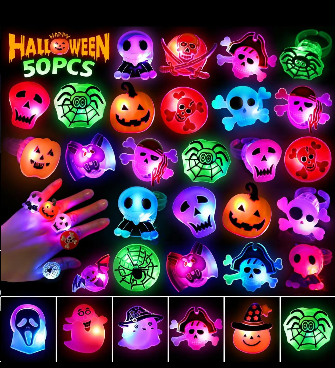 Bagues Halloween GlowFright - 50PCS Bagues LED Lumineuses