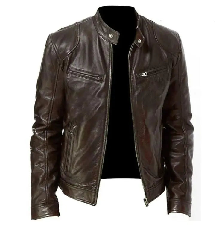 Chaqueta de Cuero PU con Cremallera para Hombre con Cuello Alto
