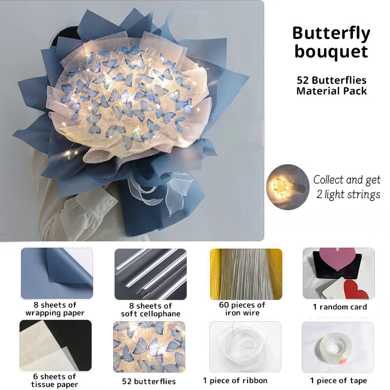New DIY Butterfly Bouquets Handmade Butterfly Flower Material Package Bouquet with Light String Wedding Decor Gift for Girlfrien - Korvel
