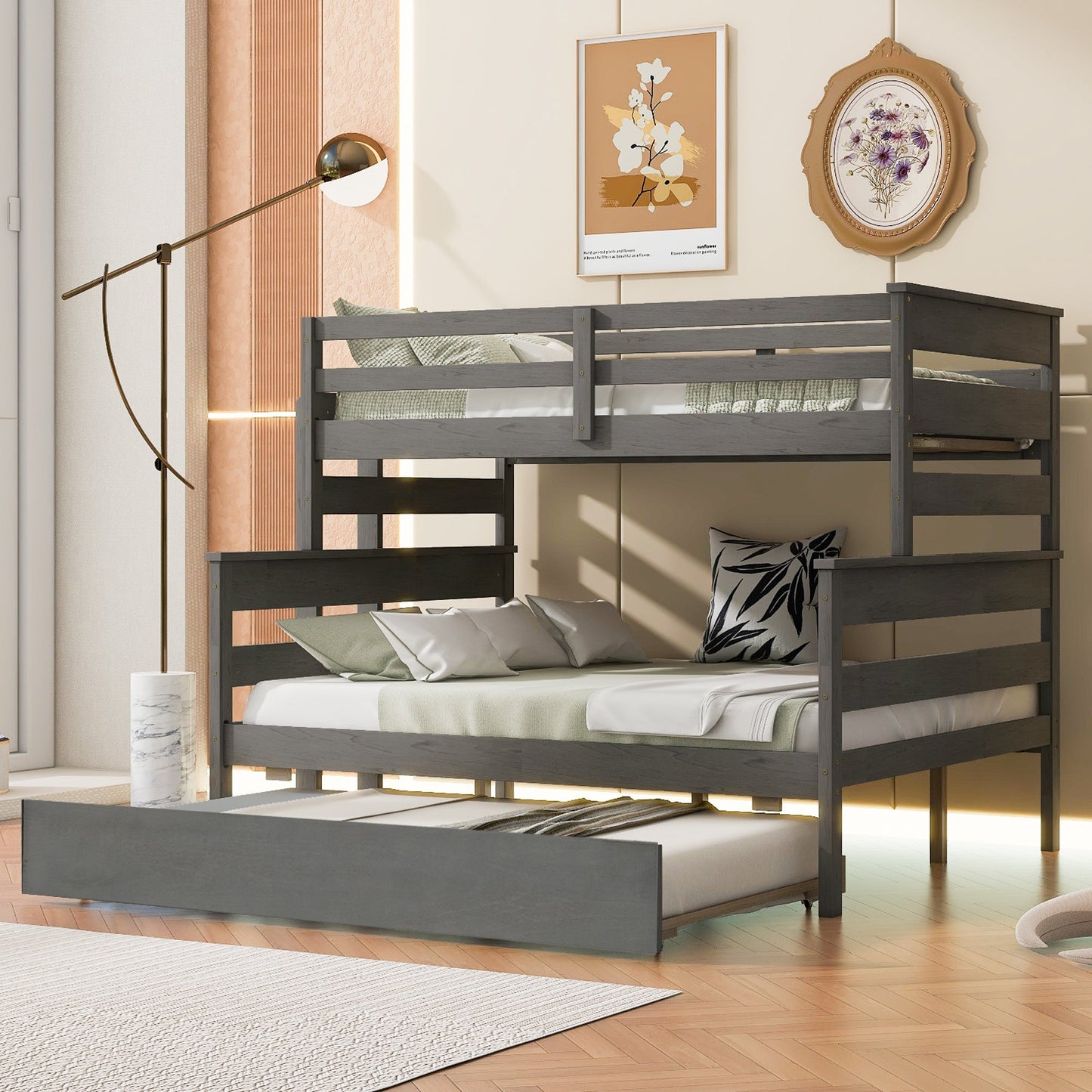 Wood Twin over Full Bunk Bed with Trundle - Gray