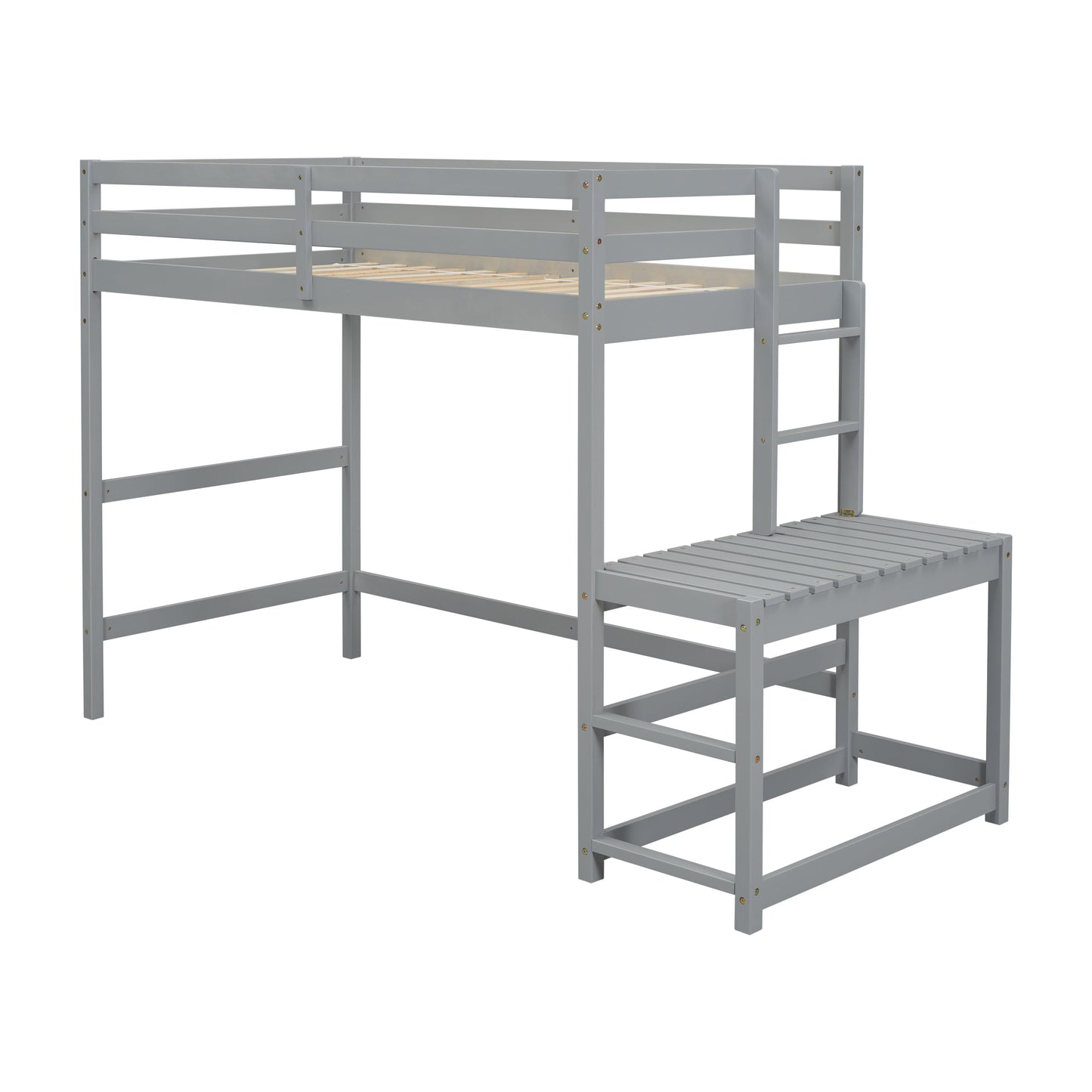 Twin High Loft Bed with Ladder landing Platform, Ladders, Guardrails,Grey - Korvel