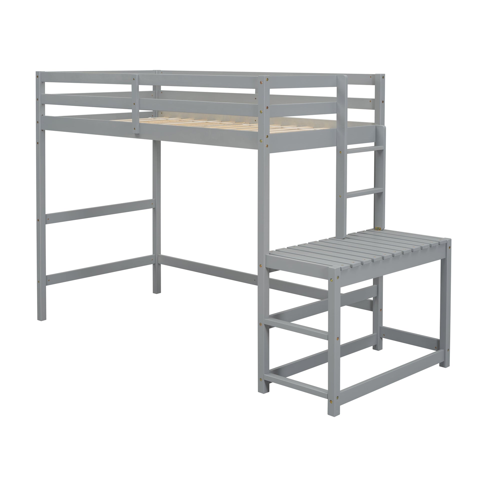 Twin High Loft Bed with Ladder landing Platform, Ladders, Guardrails,Grey - Korvel