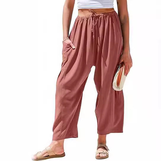 Pantalons larges en coton et lin taille haute pour femmes