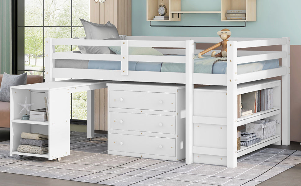 Low Study Full Loft Bed with Cabinet Shelves and Rolling Portable Desk Multiple Functions Bed- White - Korvel