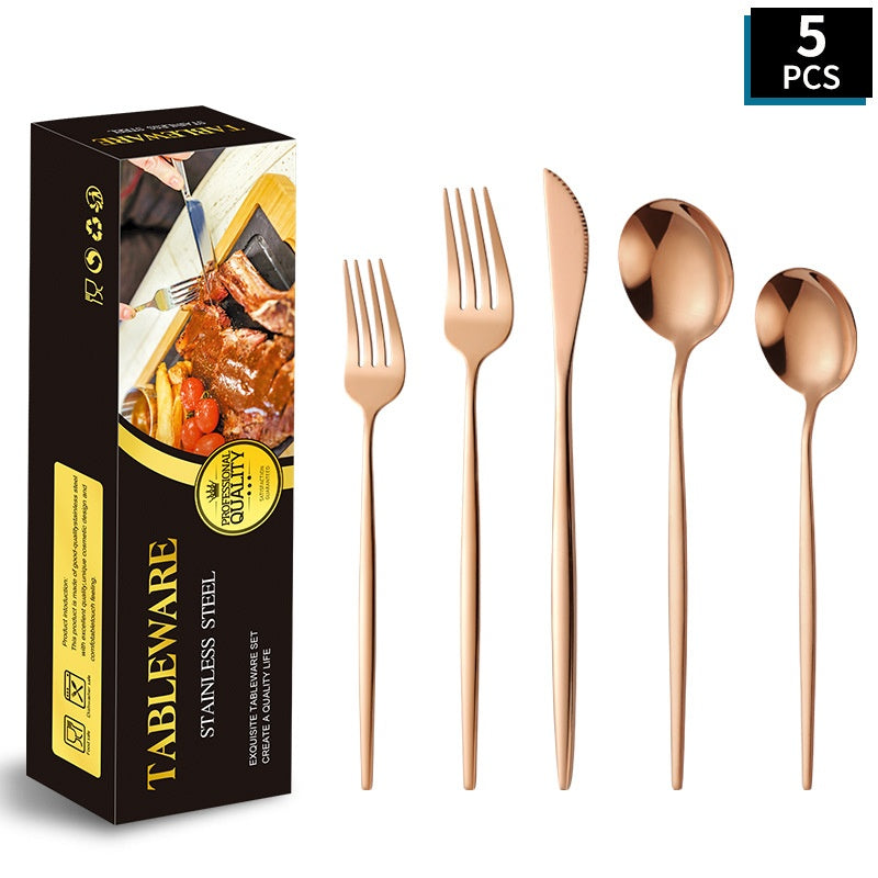 Portuguese Stainless Steel Knife Fork Spoon Golden Steak Knife Fork Set Four-Piece Tableware Set - Korvel