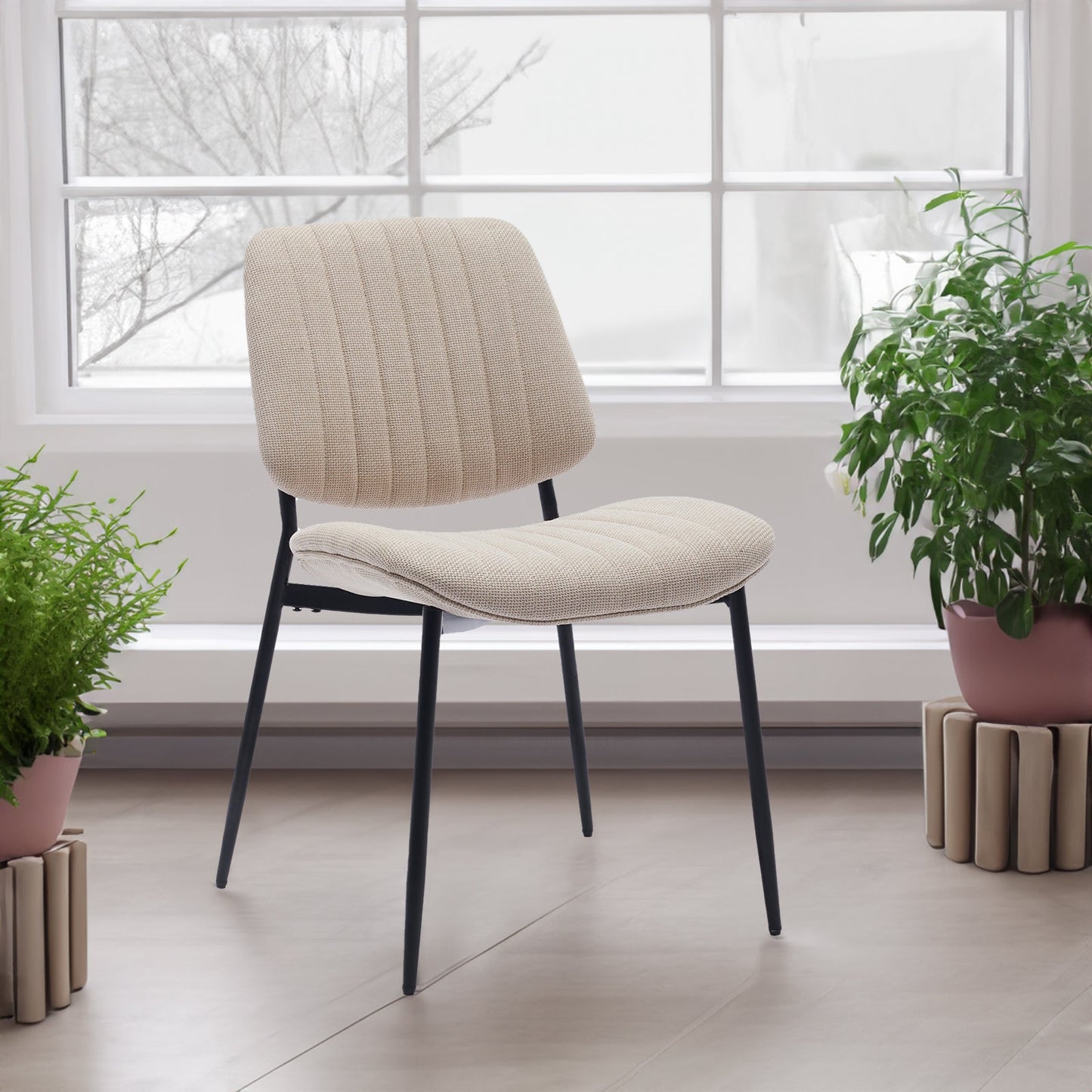2-piece retro linen chair set with curved wooden backrest, cushioned seat, adjustable metal legs, (Beige Linen) - Korvel