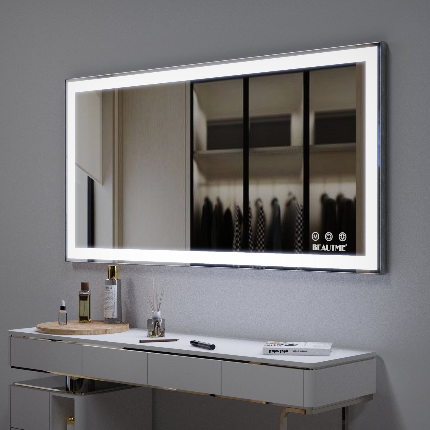 48x24 inch LED bathroom makeup mirror wall mounted adjustable light anti fog touch switch with memory intelligent large bathroom - Korvel