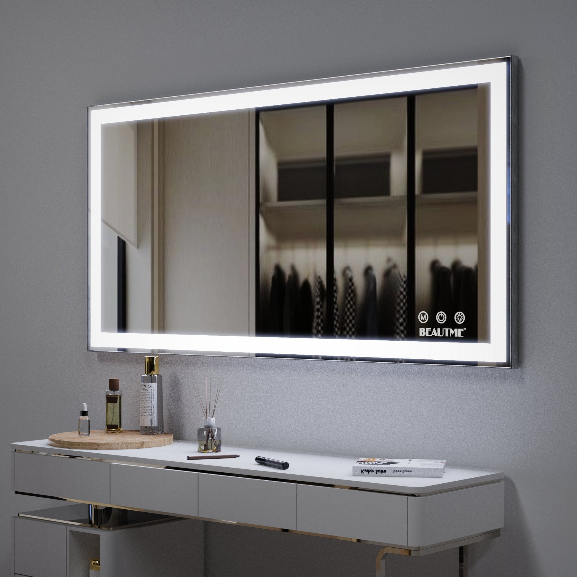 48x24 inch LED bathroom makeup mirror wall mounted adjustable light anti fog touch switch with memory intelligent large bathroom - Korvel