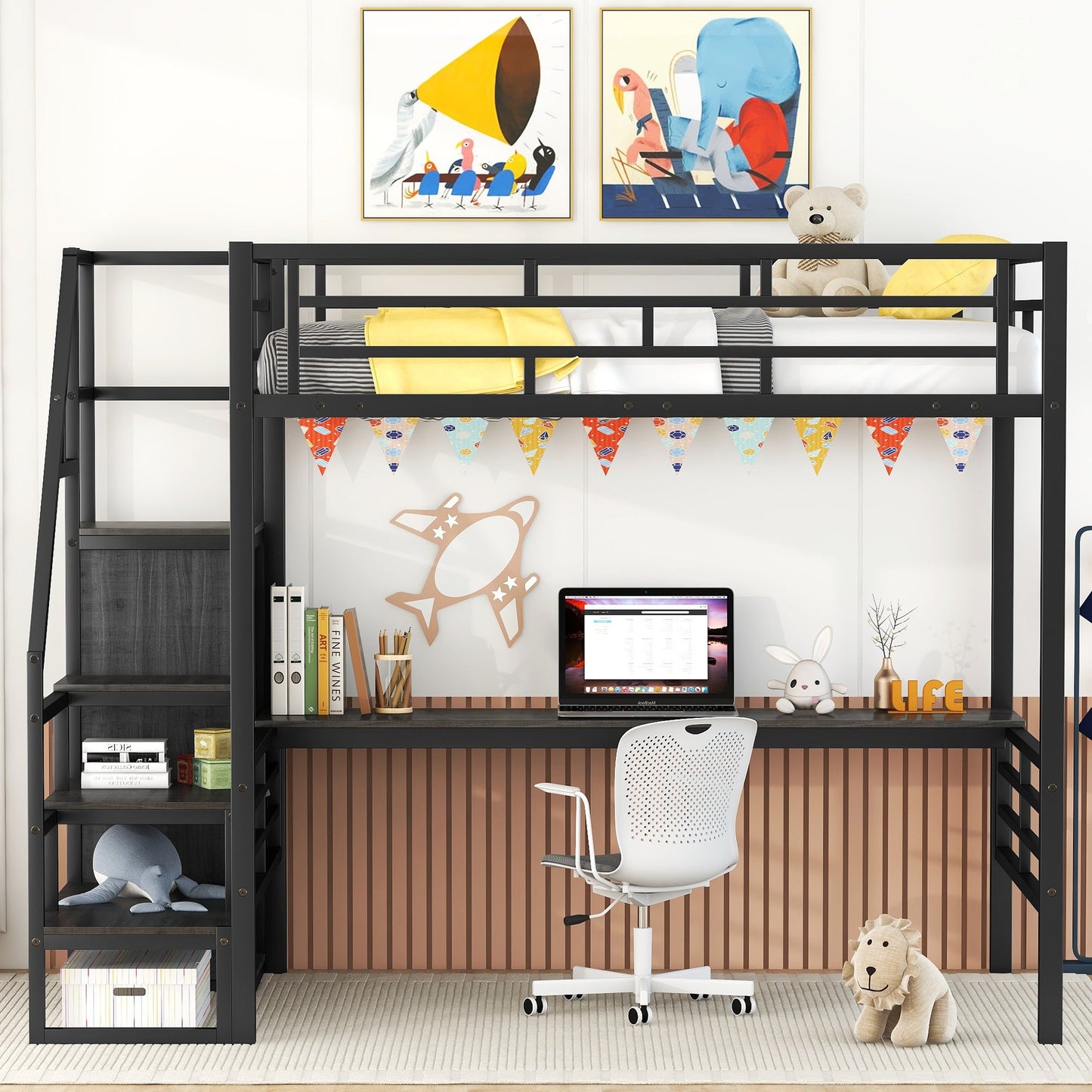 Cama loft de metal de tamaño completo con escritorio y opciones de almacenamiento