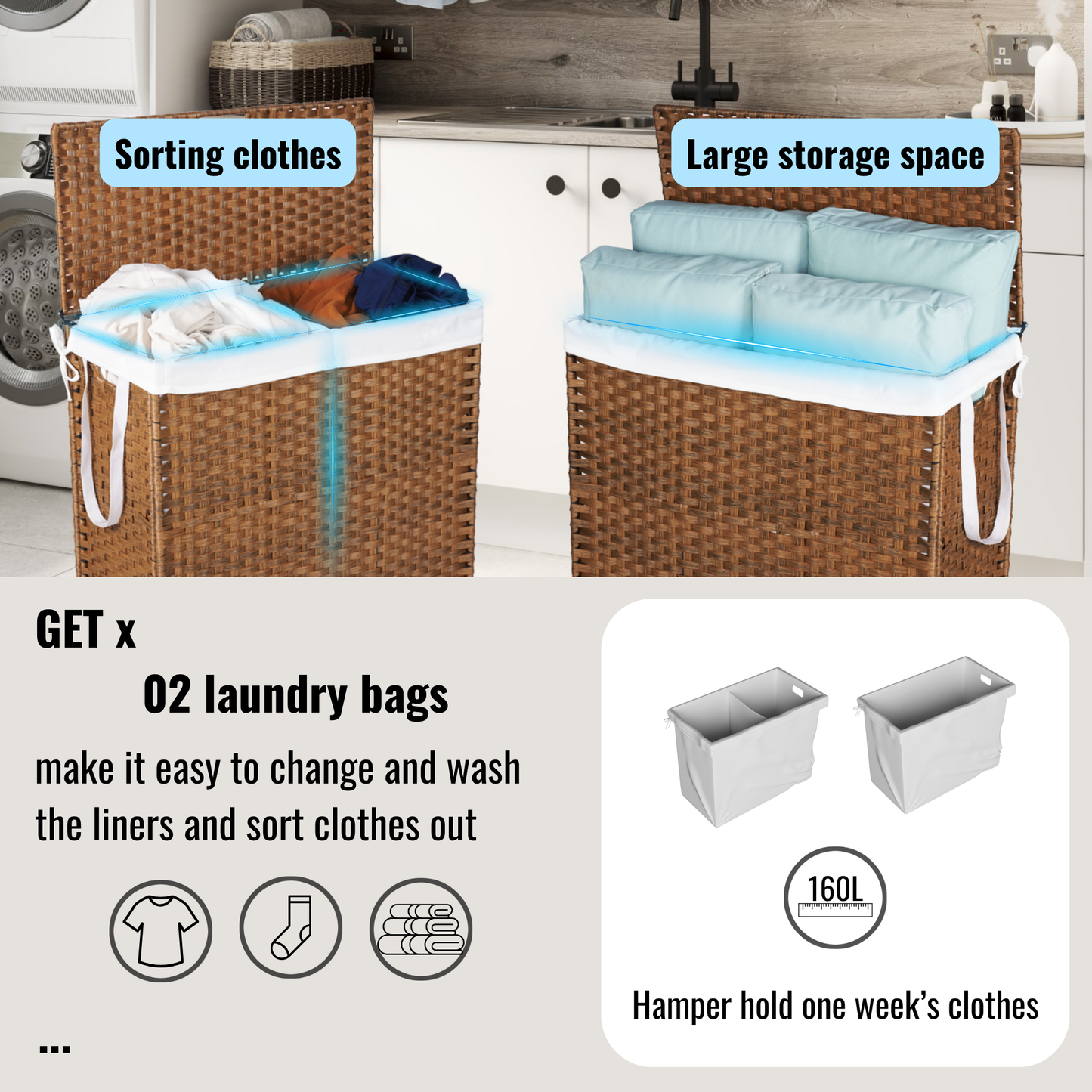 Laundry Hamper With Lid PE Rattan Powder Coating Frame Clothes Hampers with 02 Removable Bags, Wheels, 160L, Brown Color - Korvel