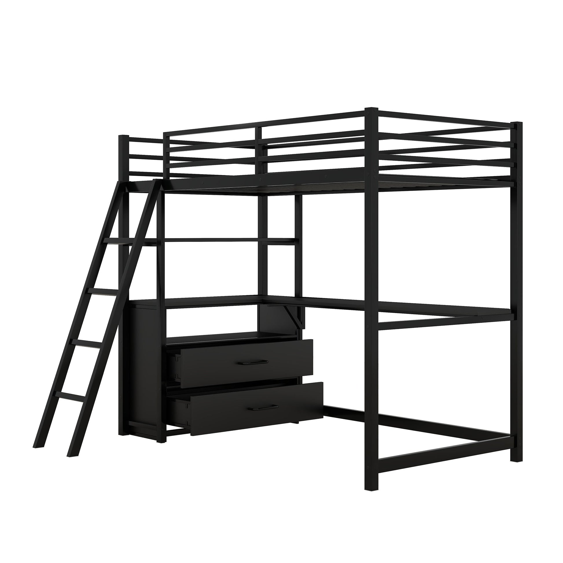 Twin Size Metal&Wood Loft Bed with Desk and Shelves, Two Built-in Drawers, Black - Korvel