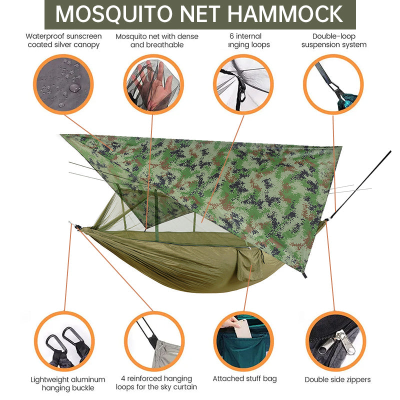 260x140cm Outdoor Double Camping Hammock with Mosquito Net and Rain Fly Tarp Lightweight Parachute Hammocks for Travel Hiking - Korvel