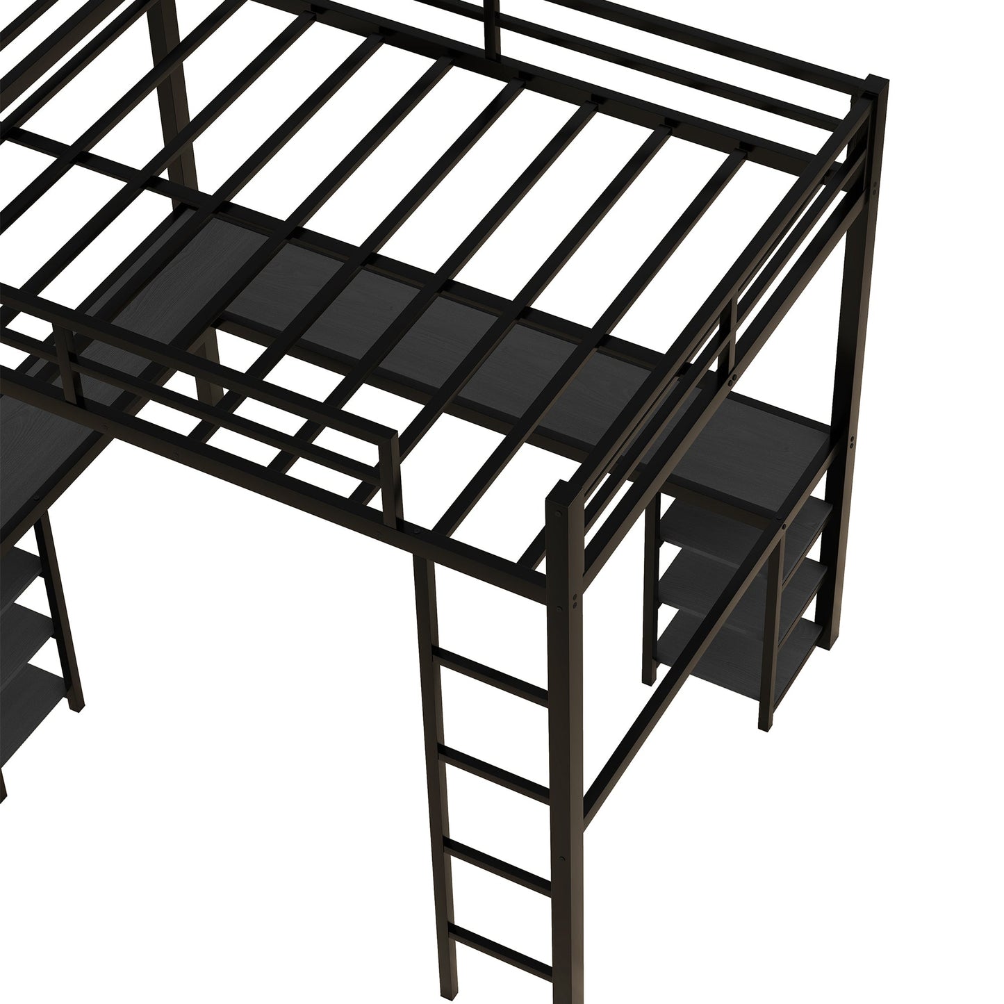 Cama loft de metal negro premium con escritorio y estantes